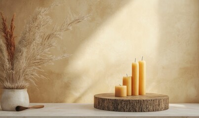 Cozy Still Life with Yellow Candles and Dried Pampas Grass Decor