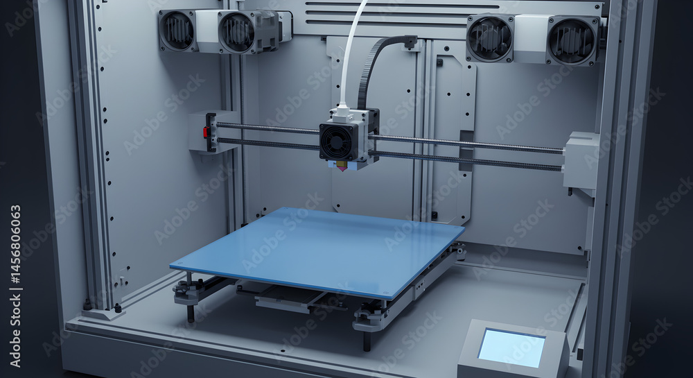Poster pixelated 3d printer with blue print bed and gray frame in a digital rendering