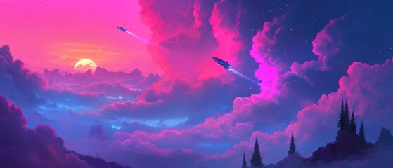 Spaceships Soaring Above Pink Clouds at Sunset in a Fantasy Landscape Digital Art Wide Angle