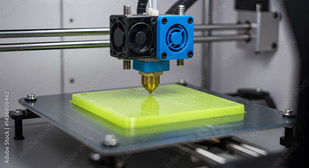 Poster precision 3d printer fabricating a green square object with intricate nozzle and filament detailing