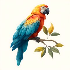 Obraz premium A vibrant macaw perched on a branch with colorful leaves. A beautiful parrot illustration with bright tropical plumage.