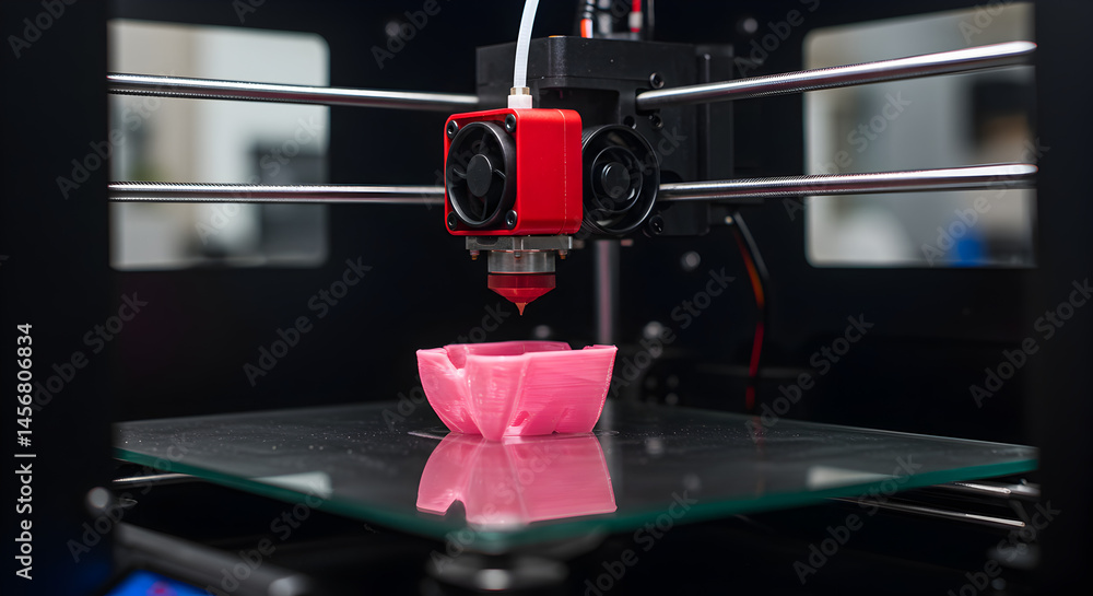 Aufkleber precision 3d printing of pink flower like object on glass platform in studio setup close up