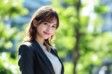 新緑の背景　ビジネススーツを着たフレッシュな笑顔の女性営業