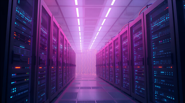 Neon Server Farm with Pulsing Fiber Optic Cables - Real-Time Stock Market Data Processing