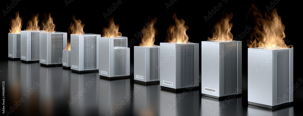 Poster high-tech data center radiating with glowing fire, showcasing cloud security against cyber threats i