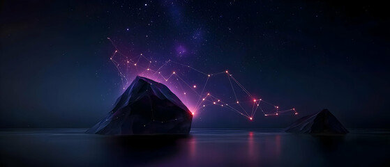 Dark Night Landscape With Glowing Mountain and Starry Sky
