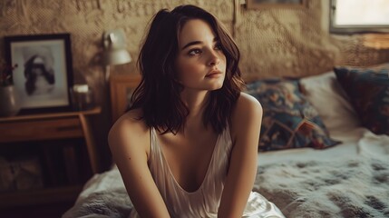 Obraz premium A contemplative young woman seated in a cozy bedroom.