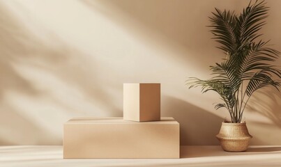 Minimalist Display with Geometric Shapes and Indoor Plant Accent