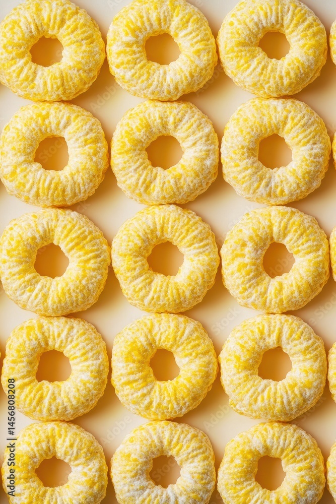 Poster aerial view of yellow frosted donut cereal rings creating a repeating pattern on a beige background 