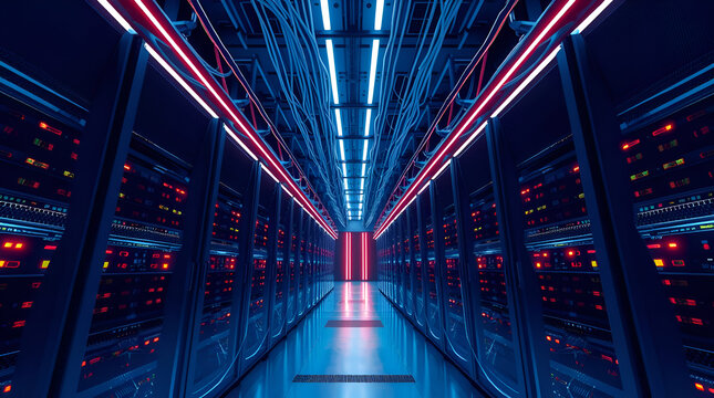 Neon Server Farm with Pulsing Fiber Optic Cables - Real-Time Stock Market Data Processing