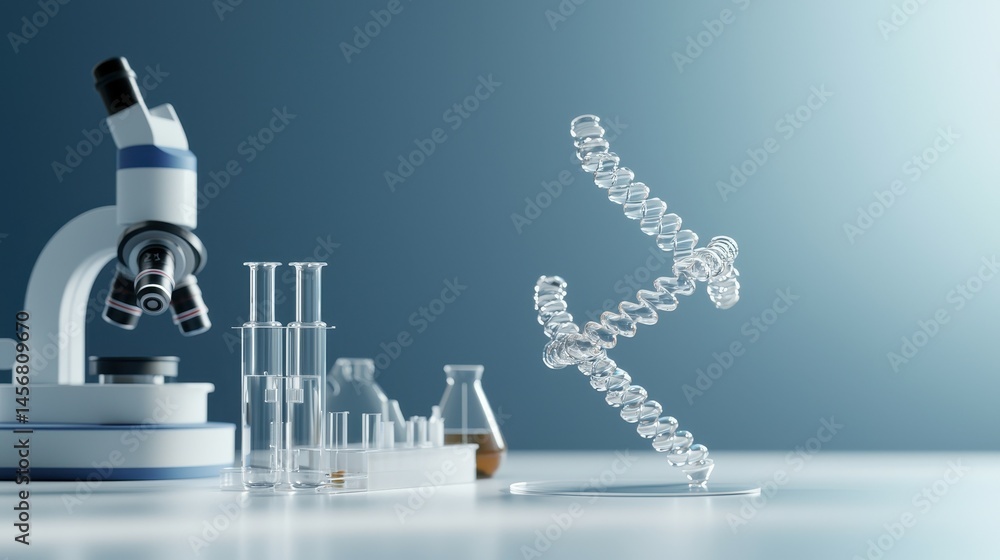 Poster laboratory setup featuring a microscope and 3d dna structure in a modern science environment.