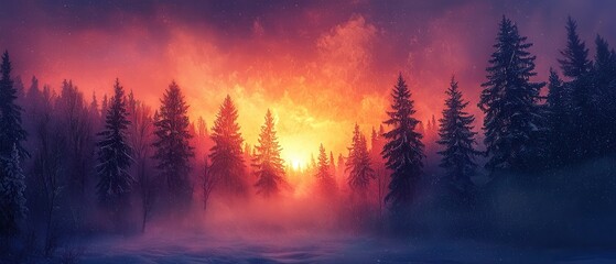 Obraz premium Stunning Winter Sunrise Over Snowy Forest with Vibrant Colors and Tall Pine Trees in a Serene Landscape