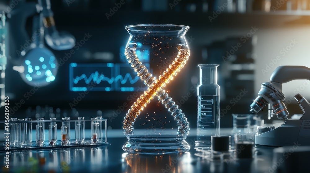 Poster futuristic lab setup with a glowing double helix in a glass container.