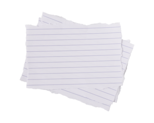 White ripped torn sheet of notebook paper with blue lines isolated on transparent background