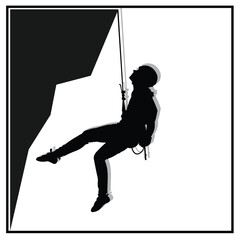 Vector silhouette of a rock climber hanging on a rope