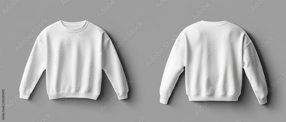 Poster front and back view of a plain white sweatshirt on grey background studio shot mockup for design tem