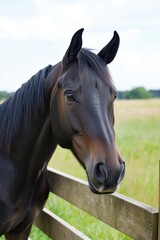 Fototapeta premium Brown horse portrait close up at fence in rural pasture landscape headshot equine animal mammal farm life