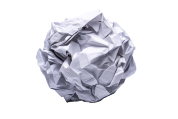 White crumpled paper ball from flat lay view isolated on transparent background