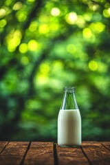 Fresh Milk in Glass Bottle on Wooden Table with Green Bokeh Background Close Up Still Life