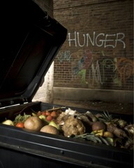 Confronting hunger rotting food in a dumpster next to a graffiti wall stark contrast in urban environment