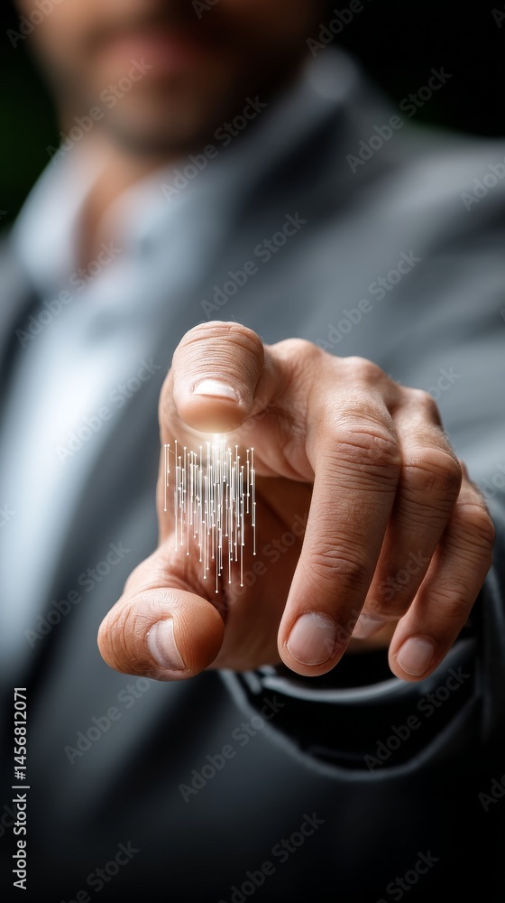 Poster futuristic touch man's fingertip creating digital waves in a modern environment
