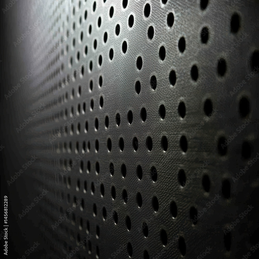 Poster abstract close up of dark perforated metal sheet showing perspective and repeating pattern industria