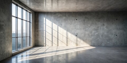 Fototapeta premium Sunlit Industrial Interior Space A Modern, Minimalist Room with Large Window and Concrete Walls and Floor