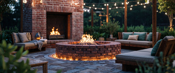 Cozy outdoor fireplace and fire pit area with comfortable seating and ambient lighting