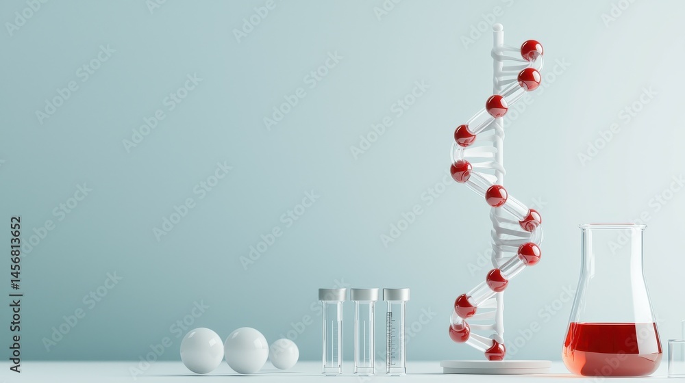 Poster laboratory setup featuring a dna model and glassware with red liquid.