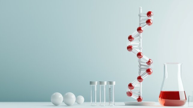 Laboratory setup featuring a DNA model and glassware with red liquid.