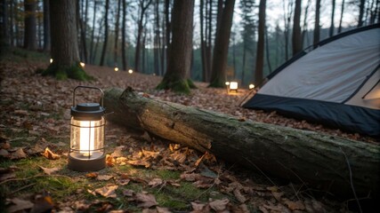 Obraz premium Illuminating solar-powered lantern on a log next to a tent at twilight in a forest setting