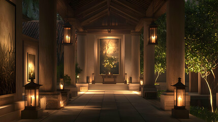 Fototapeta premium Elegant colonnaded walkway, lit by lanterns, with artwork and lush greenery. Tranquil, peaceful, and luxurious. Features pillars, paintings, and a serene center