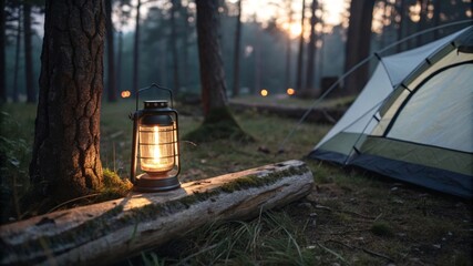 Solar-powered lantern illuminating a log beside a tent at twilight in a serene forest setting