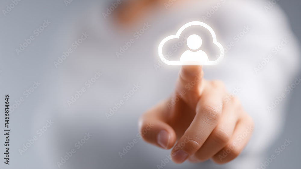 Poster person touches digital cloud icon representing virtual data storage and online networking with moder