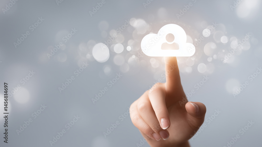Poster hand pointing at cloud icon with soft glowing lights on gray background representing digital technol
