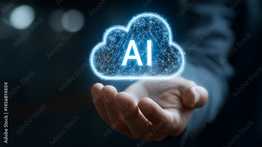 Aufkleber hand reaching out for glowing cloud symbol representing artificial intelligence concepts and technol