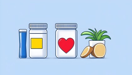 Supplements, plant, and slices displayed on light blue background.  Health and wellness concept