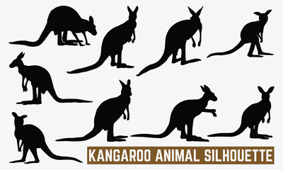 Kangaroo Animal Silhouette Bundle, Silhouette Isolated On A White Background, kangaroo Silhouette Vector Illustration.