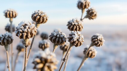Delicate dried plant seed heads covered in beautiful frost and ice crystals during a cold winter season.
