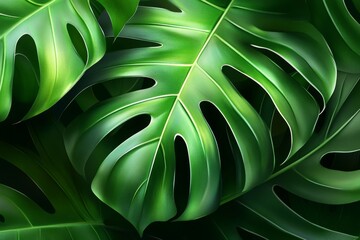 Vibrant close-up of tropical monstera leaves.