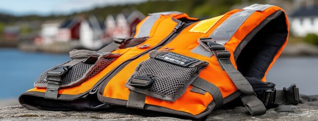 Fototapeta premium Bright orange life jacket lays on sandy beach with clear blue sea and sky in the background, ensuring children's safety during water fun activities
