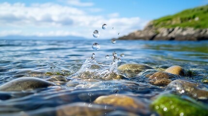 Close-up of water droplets splashing on smooth stones in a serene coastal setting.