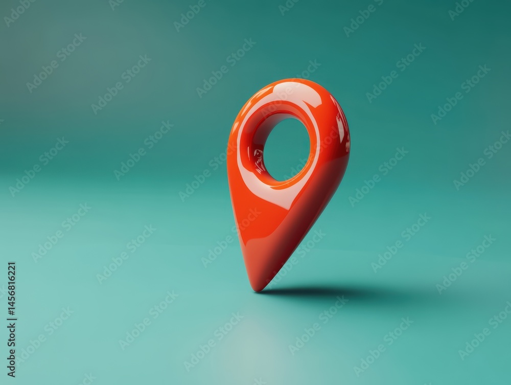 Poster orange location pin icon on teal background studio shot; gps navigation symbol for maps and travel d