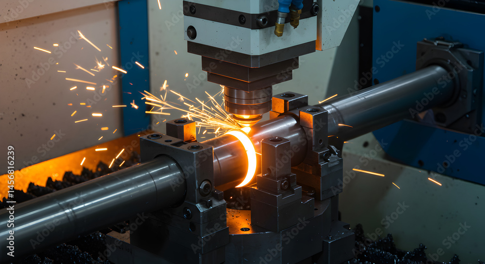 Poster automated metalworking with precision cutting spark and orange glow from lathe in industrial worksho