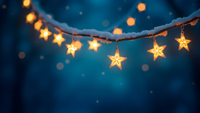Enchanting scene of illuminated star-shaped lights adorning a snowy branch against a dreamy blue background for winter festivities and warmth