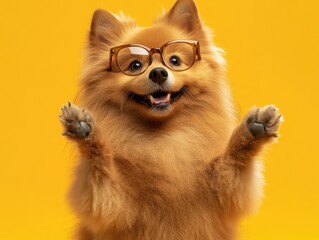 Obraz premium Pomeranian dog wearing glasses on yellow backdrop with paws up in the air waving hello or goodbye