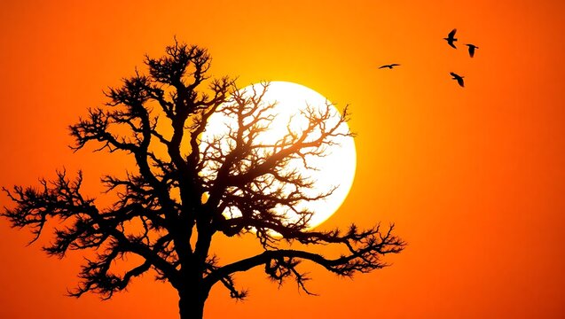 Dramatic silhouette of a bare tree set against a breathtaking orange sunset sky with birds flying towards the horizon.
