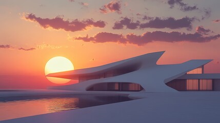 Modern Architecture at Sunset Seaside View Futuristic Home Design Exterior Shot Contemporary Villa at Dusk with Clouds