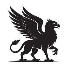 Standing griffin with lifted paw Vector Black silhouettes. with white background