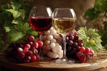 Fototapeta premium Red and white wine glasses beside fresh grapes in a natural setting during daylight hours